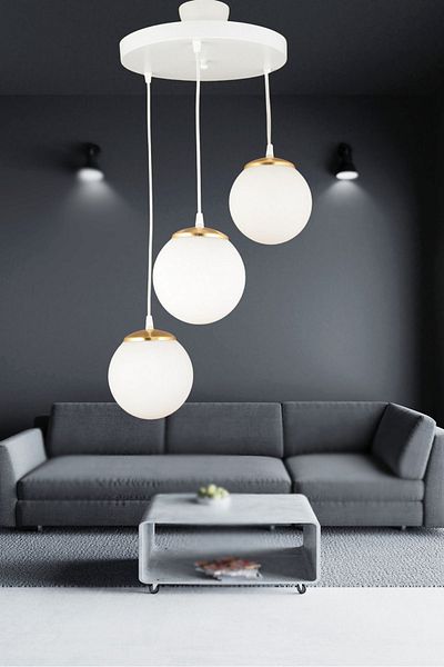 SONSUZ AYDINLATMA&AVİZE White Glop Top Glass 3-Piece Pendant Tray - Flat Downward Facing Luxury Chandelier