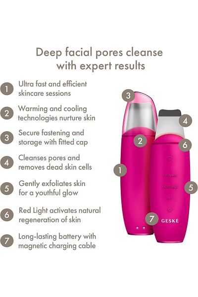 Geske MicroCurrent Skin Scrubber & Blackhead Remover, 9 in 1, Anti-Ageing & Cleansing, Magenta