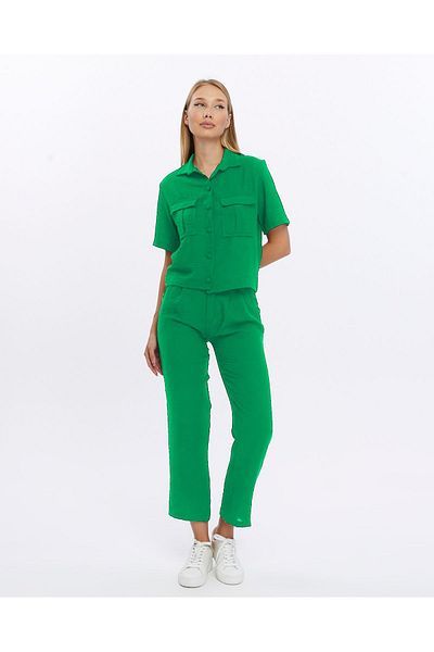 İkmal Green Linen Women's Set - Shirt, Jacket and Trousers