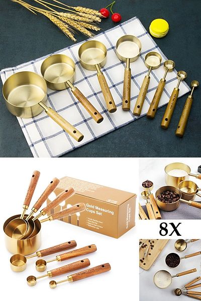 Westus 8 Pieces Stainless Steel Coffee Tea Spice Detergent Measuring Spoon Set Wooden Handle Spoon Scale Container