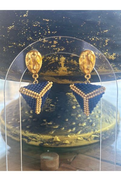 Baykuşca Dark and Gold Miyuki Earrings - Handmade Marine Triangle Design