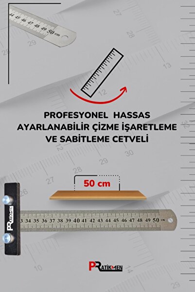 pratikmen Hassas Ayarlanabilir Çizme, İşaretleme Ve Sabitleme Cetveli 50 Cm