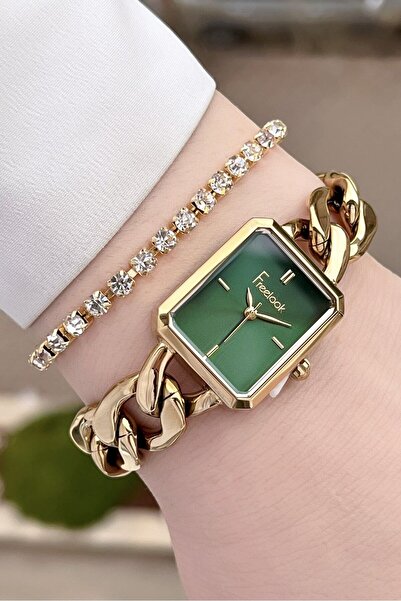 Freelook Sarı Renk Zincirli 2 Yıl Garantili 5 ATM Kadın Kol Saati ve Bileklik