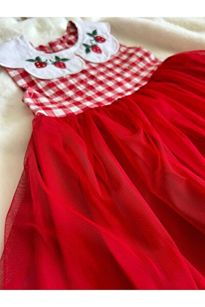 Cumino Kız Bebek Çilek Yaka Tüllü Elbise Red Cherry -astar %100 Pamuk