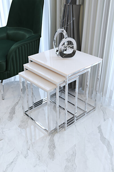 Puklife Duru 3'lü Kare Zigon Sehpa Seti Gümüş Ayak, Krem Mdf