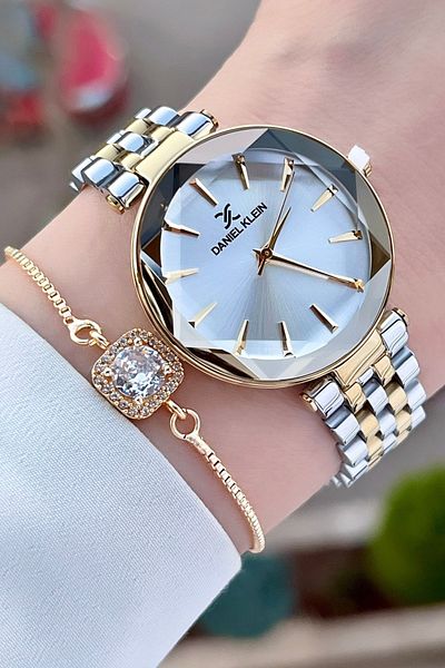Daniel Klein Women's Wrist Watch and Bracelet with Yellow Silver Color Adjustable Band Dkgnct1015