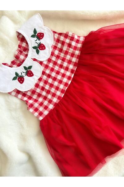 Cumino Kız Bebek Çilek Yaka Tüllü Elbise Red Cherry -astar %100 Pamuk
