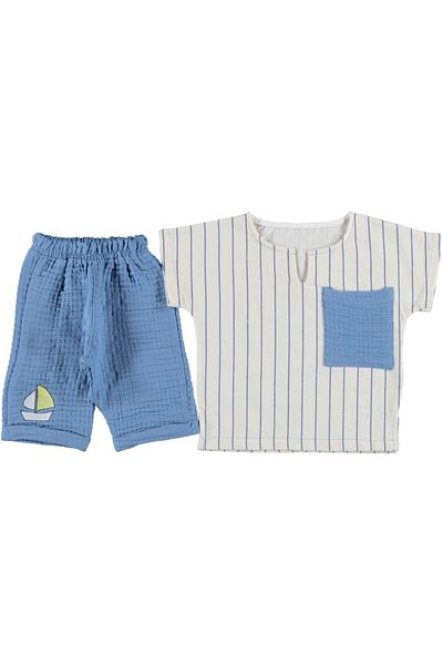 LANUGO Baby Boy Summer Bottom Top Set Sailing Pattern Linen T-Shirt Shorts