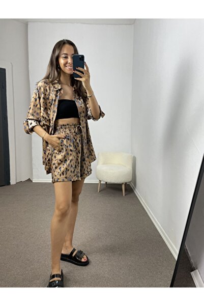 Myrum butik Leopar Saten Dokulu Gömlek Şort Takım