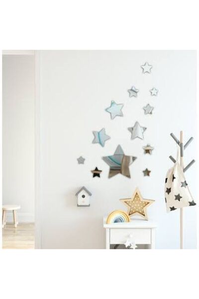 Nef Tasarım Atölyesi Dekoratif Yıldız Gümüş Ayna Pleksi Duvar Süsü ( Yapışkanlı )