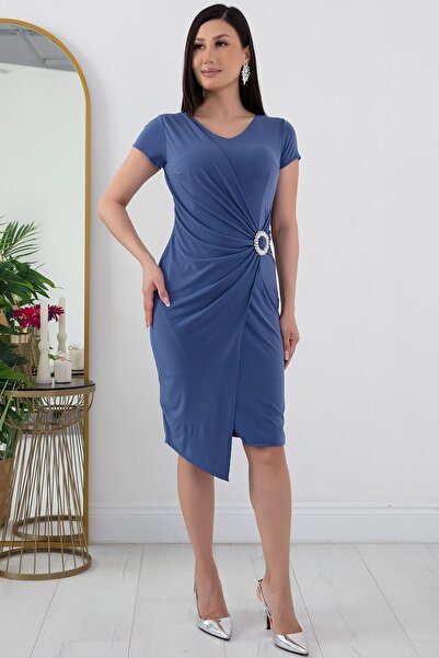 PULLIMM Beli Tokalı V Yaka Kısa Kol Anvelop Abiye Elbise 13444
