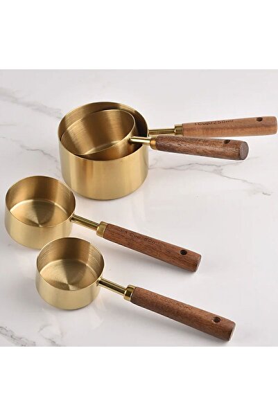 EZERE Gold Measuring Spoon Set 8 Pieces Measuring Cup with Wooden Handle