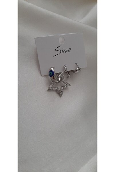 shesra Çelik Zirkon Taşlı Yıldızlı Nazar Motifli Küpe 3'lü