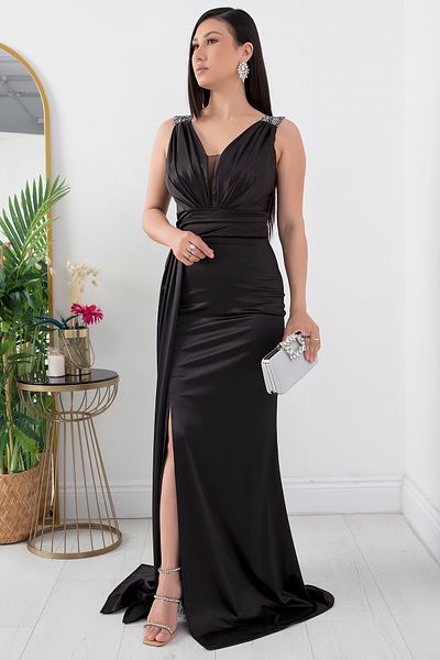 PULLIMM Satin Shoulder Dress with Stone Detail - 39743