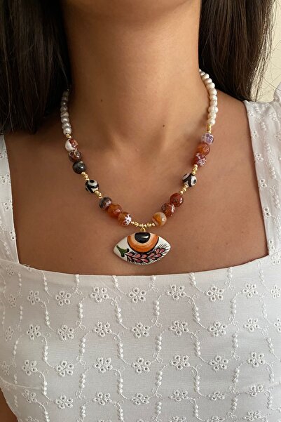 Suerte Accessories Akik Doğaltaş Mayorka İnci Özel Tasarım Seramik Evil Eye G...