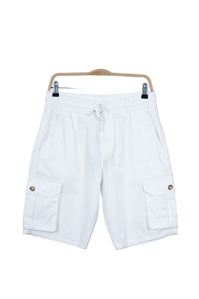 DYNAMO White Linen Shorts - Men's, Rubber Waist, Lace-up, Cargo Pocket, Short