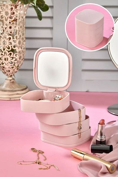 Emofom Mirrored 4 Tiers Jewelry Organizer 360 Degree Rotatable Makeup Organizer Organizer Box