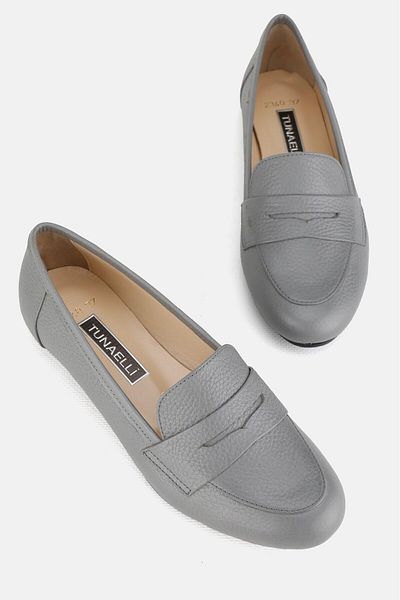 TUNAELLİ Gray Genuine Natural Leather Women's Ballerinas - Size 35-41-42