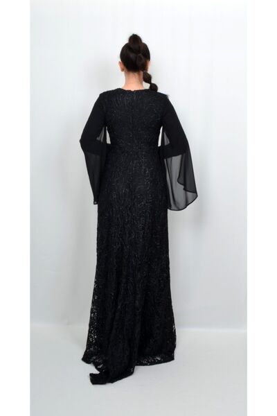 ALİS DRESS Kadın Uzun Şifon Kollu Siyah Rengi Dantel Abiye