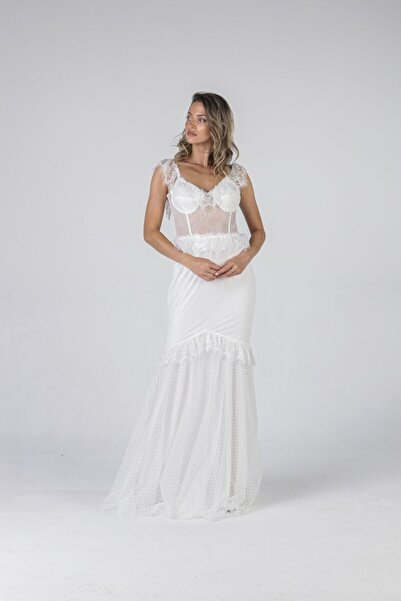 ALİS DRESS Beli Transparan Dantel Işlemeli Ekru Abiye