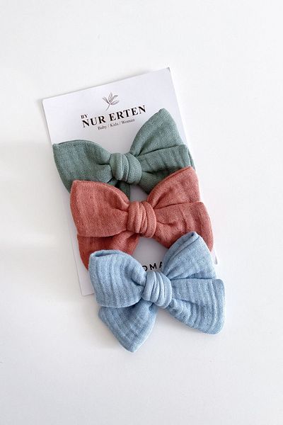 By Nur Erten 100% Cotton Muslin Fabric Girl's Bow Hair Clip with Clips Set of 3