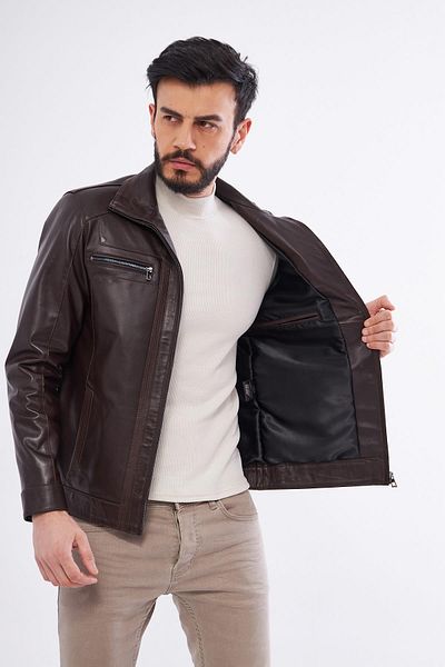 DERİNSS Derinss Der166 - Genuine Men's Leather Coat, Dark Brown