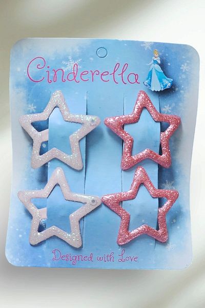 Cinderella Pink Tone Star Patterned Set of 4 Silvery Metal Snaps - Colorful Hairpin for Girls