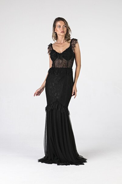 ALİS DRESS Beli Transparan Dantel Işlemeli Siyah Abiye