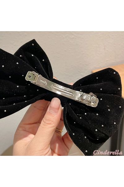 Cinderella Matte Velvet Bow with Shiny Stone Detail - Automatic Buckle Black Elegant Ribbon Women's Hair Clip