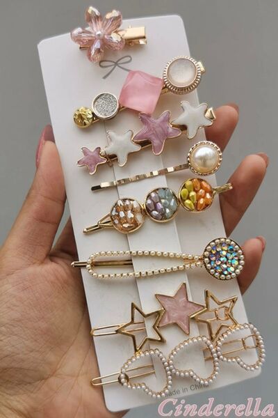 Cinderella Set de 8 agrafe speciale pentru femei, cu perle, piatră, stea, inimă, flori - agrafă laterală pentru păr