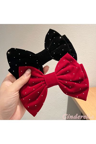 Cinderella Matte Velvet Bow with Shiny Stone Detail - Automatic Buckle Black Elegant Ribbon Women's Hair Clip