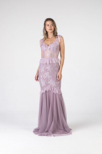 ALİS DRESS Beli Transparan Dantel Işlemeli Lavanta Abiye