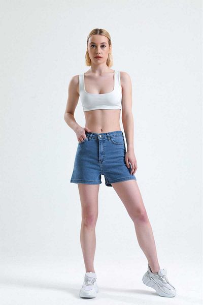 Vovikon Blugi de damă albastru denim cu talie înaltă