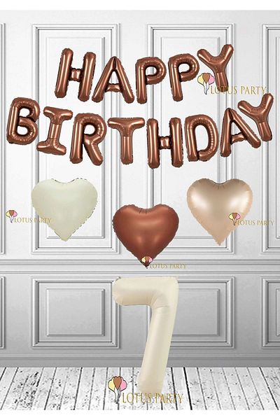 LOTUS PARTY 7 Ηλικίες Happy Birthday Brown Foil Balloon - Καφέ Καρδιά και Κρεμ Χρώμα Foil Balloon