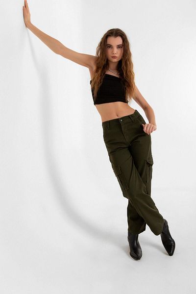 Domoda Khaki Cotton Stretchy Fabric Palazzo Wide Leg High Waist Women Cargo Pocket Pants @Florence