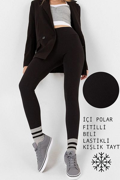 Domoda Schwarze Fleece-Innenseite, elastische, erhöhte, gerippte, kombinierte Interlock-Winter-Strickstrumpfhose
