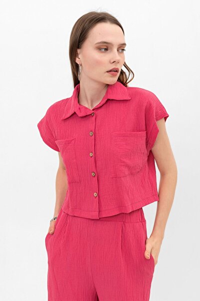 Domoda Fuchsia Crop Button-Up Shirt, Palazzo Wide Leg Trouser Set