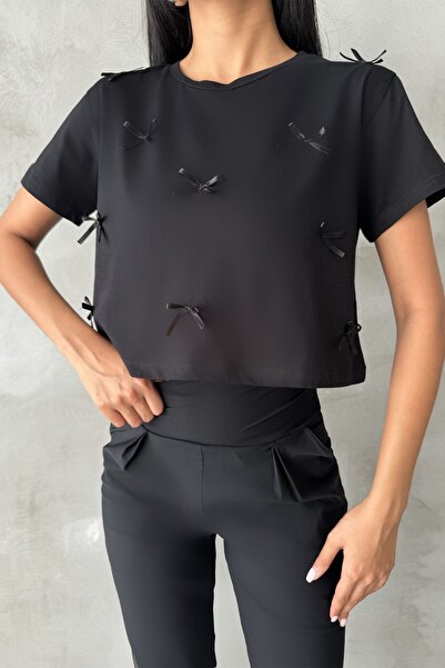 Domoda Black Crop Boxy Women's Blouse - 100% Cotton, Crew Neck, Ribbon @Novara