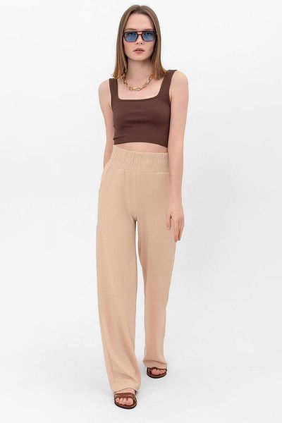 Domoda Beige Elastic Waist Wide Leg Double Pocket Wrinkled Women's Trousers