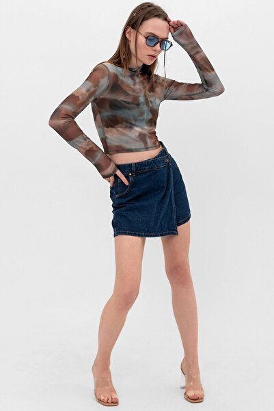 Maule Lacivert Tek Düğme, Fermuarlı Denim Şort Kot Kadın Etek