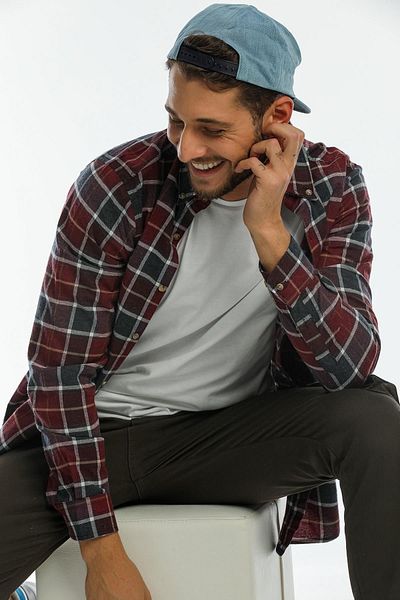 Blah Burgundy, Collar Buttoned Checked Flannel Lumberjack Pocketless Plaid Men's Shirt