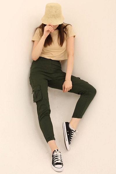 Domoda Dark Green Jogger Comfortable Fit Elastic Legs Cargo Pocket Gabardine Women's Trousers