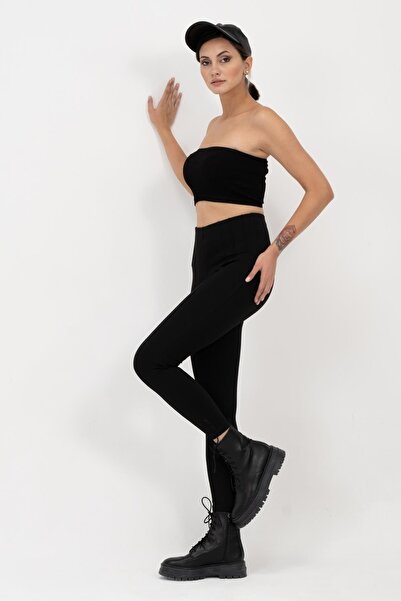 Domoda Black High Waist, Slimming, Firming Rib Detailed Interlock Tights