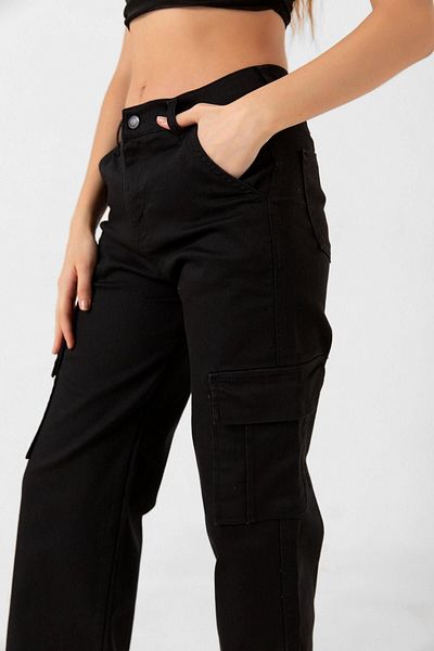 Domoda Black Cotton Stretchy Fabric Palazzo Wide Leg High Waist Women Cargo Pocket Pants @Florence