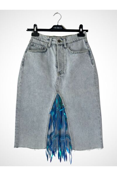 NEZZA CONCEPT Derin Yırtmaçlı , Tül Üzerine Mavi Pul Payet İşlemeli ,Yüksek B...