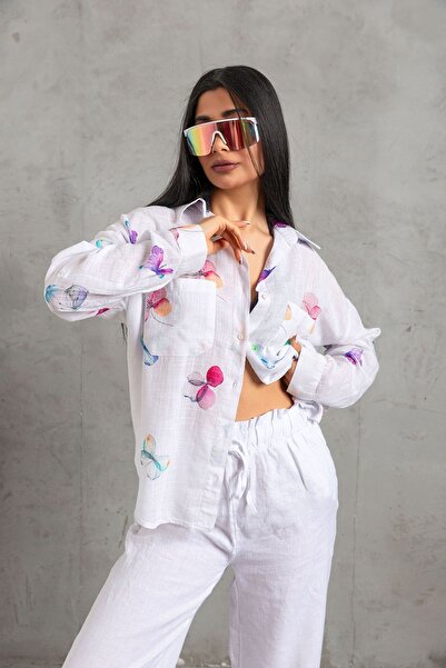 Maule Жіноча літня сорочка - біла, з цифровим принтом метеликів, бавовна віскоза @farfalla