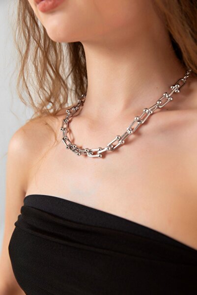 Domoda Gümüş Hardware Link Zarif Metal Kadın Bijuteri Zincir Kolye