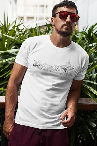 Blah Tricou pentru bărbați, alb, cu imprimeu Istanbul Galata, cu gât crew, bu...