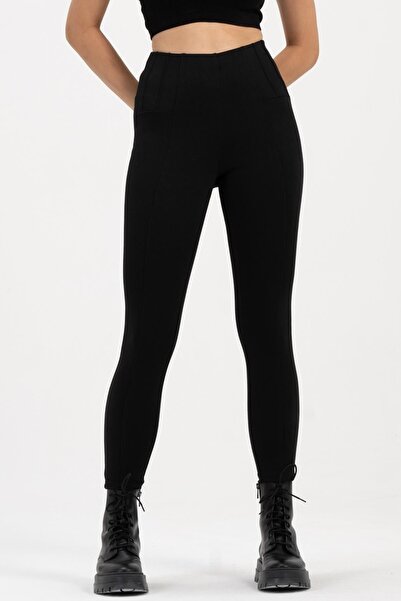 Domoda Black High Waist, Slimming, Firming Rib Detailed Interlock Tights