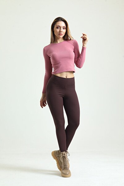 Domoda Dusty Rose Crew nyakú bordázott camisole hosszú ujjú kötött blúz